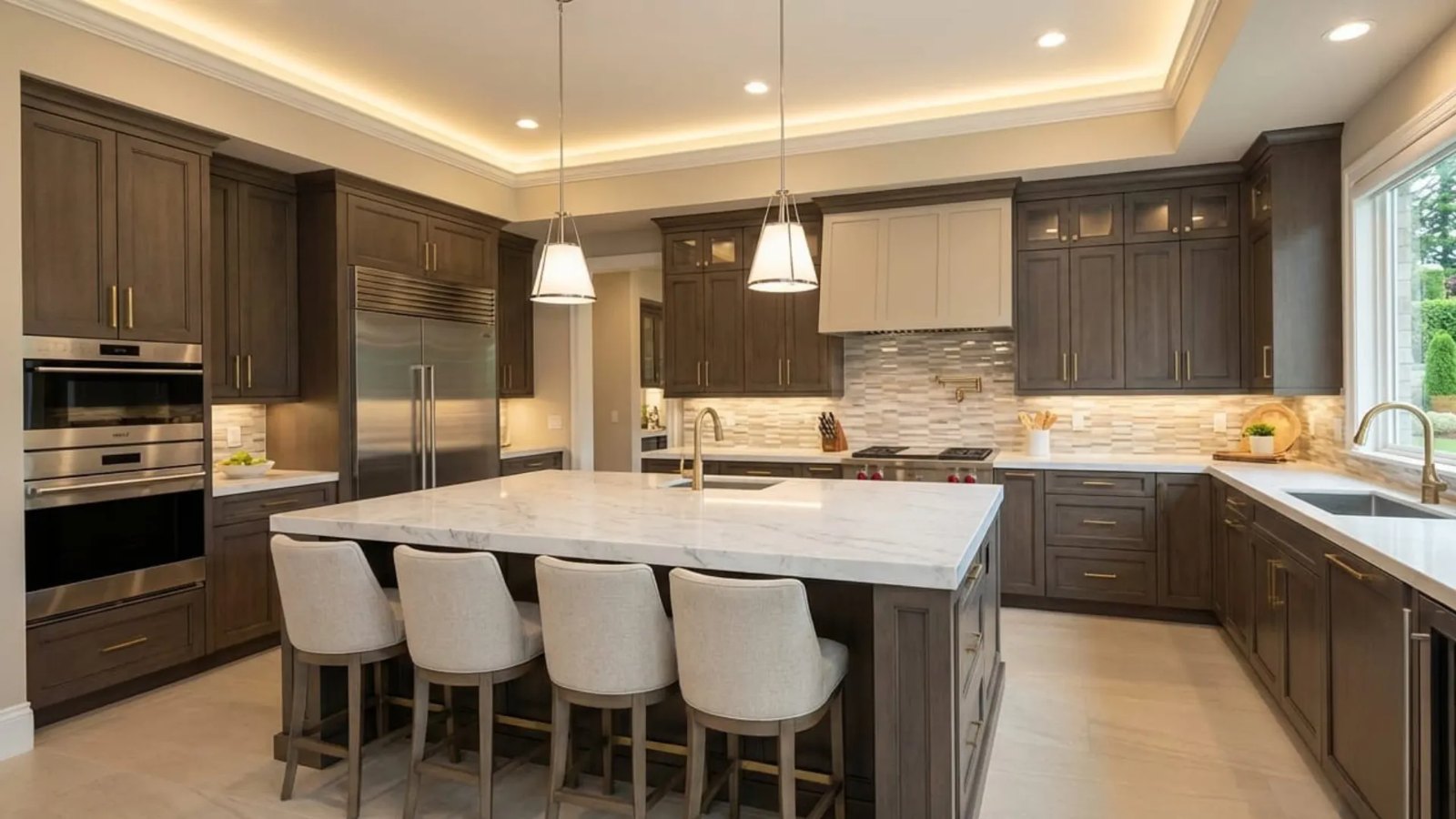 Newly renovated kitchen with island and marble worktop