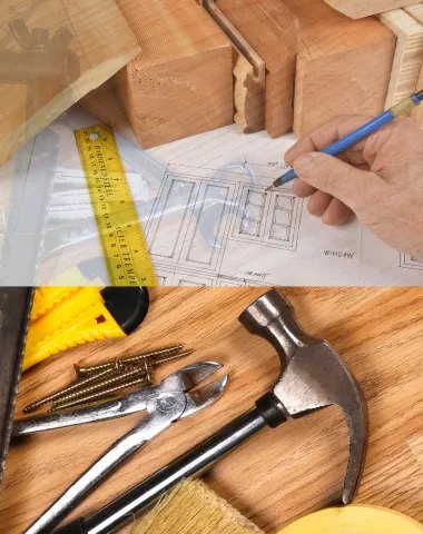 Carpentry tools and joinery plans on a workbench
