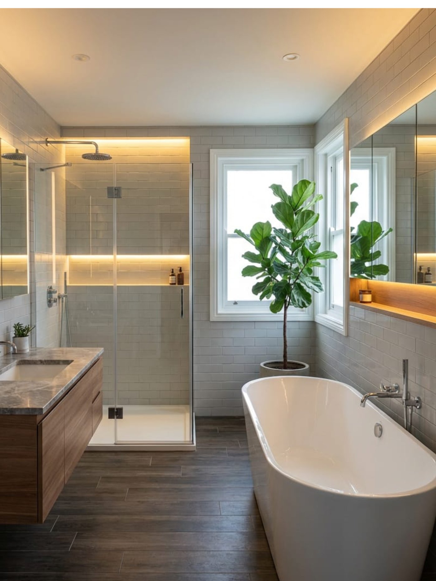 Newly fitted modern bathroom with walk-in shower and freestanding bath